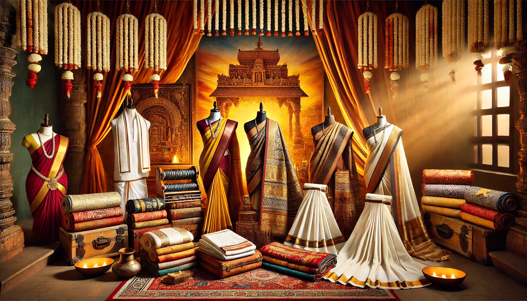 DALL·E 2024-10-25 11.08.19 - A beautiful and epic composition showcasing traditional products of Tamil Nadu against a vibrant, rich background. Display classic Tamil Nadu textiles
