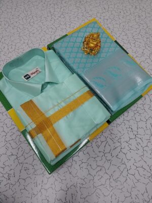 Premium silk Couple combo set (Shirt - Dhoti + Bridal semi silk sarees)