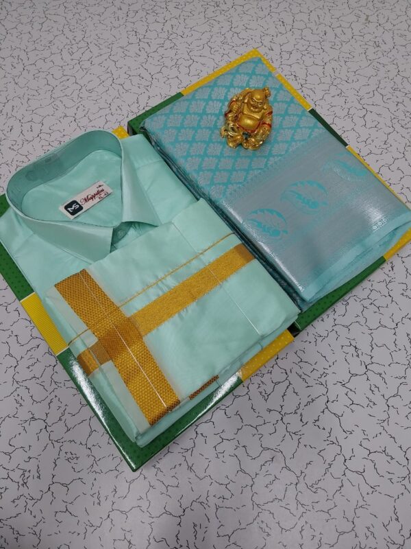 Premium silk Couple combo set (Shirt - Dhoti + Bridal semi silk sarees)