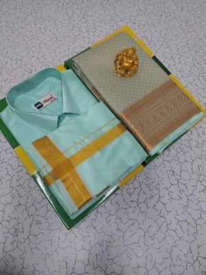 Premium silk Couple combo set (Shirt - Dhoti + Bridal semi silk sarees)
