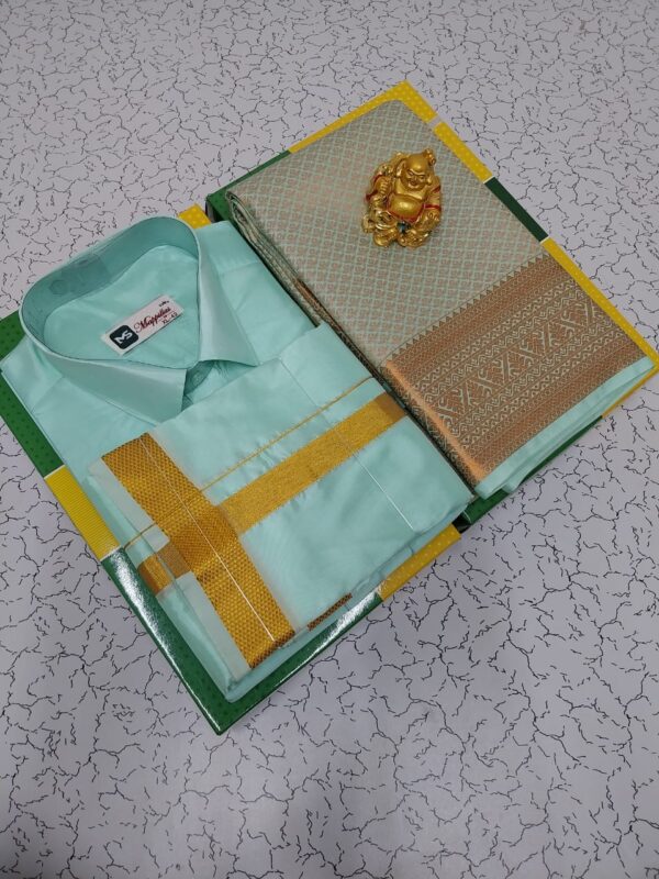 Premium silk Couple combo set (Shirt - Dhoti + Bridal semi silk sarees)