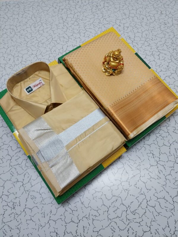 Premium silk Couple combo set (Shirt - Dhoti + Bridal semi silk sarees)