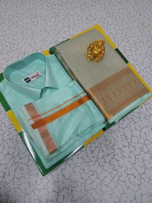 Premium silk Couple combo set (Shirt - Dhoti + Bridal semi silk sarees)