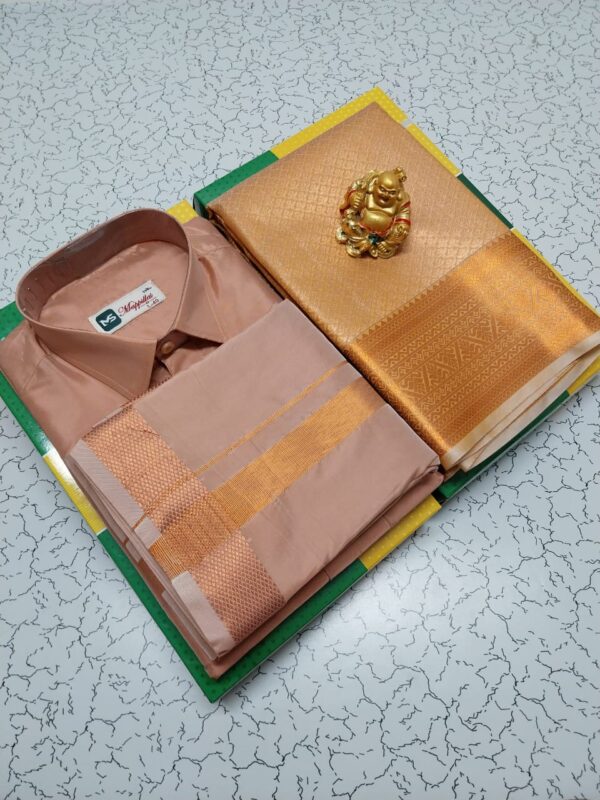 Premium silk Couple combo set (Shirt - Dhoti + Bridal semi silk sarees)
