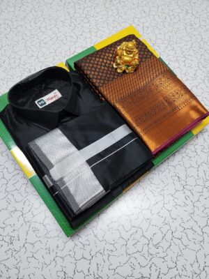 Premium silk Couple combo set (Shirt - Dhoti + Bridal semi silk sarees)