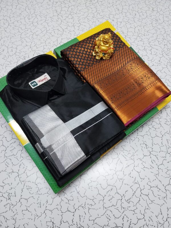 Premium silk Couple combo set (Shirt - Dhoti + Bridal semi silk sarees)