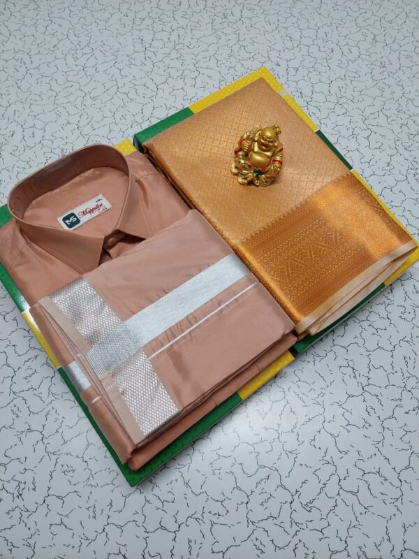 Premium Silk Couple Combo Set (Shirt-Dhoti +Bridal semi silk sarees)