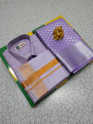 Premium silk Couple combo set (Shirt - Dhoti + Bridal semi silk sarees)