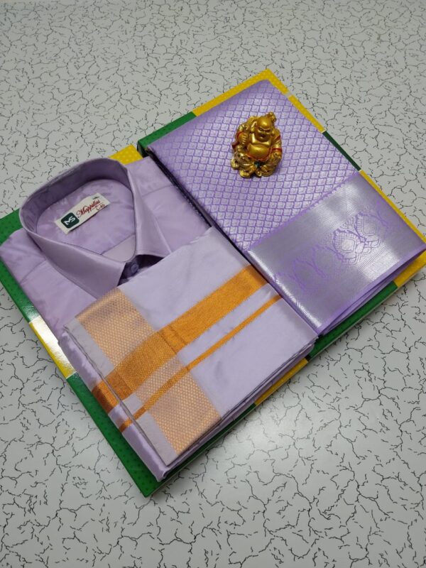 Premium Silk Couple combo set (Shirt-Dhoti +Bridal semi silk sarees)