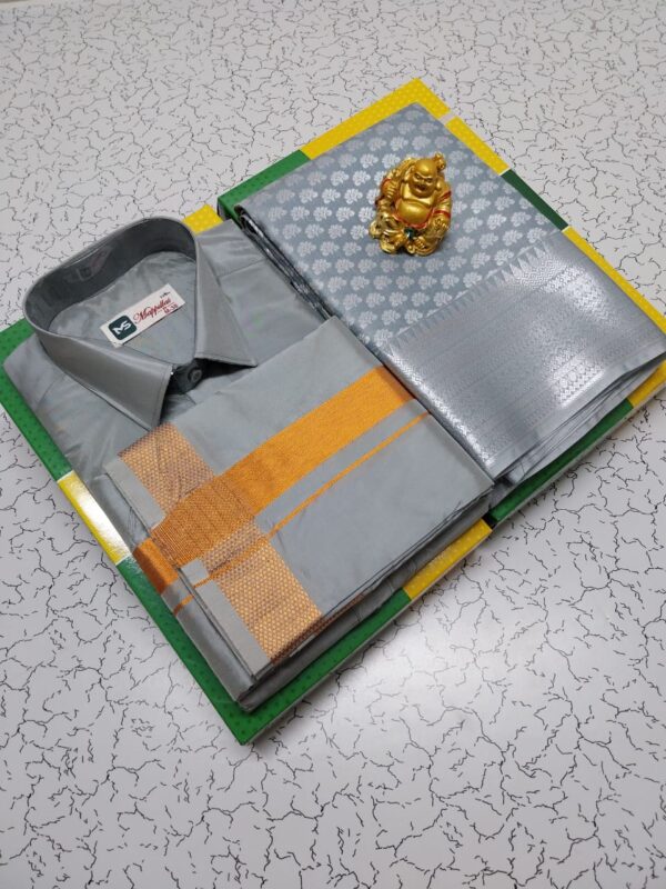 Premium Silk Couple Combo Set (Shirt-Dhoti + Bridal semi silk sarees)