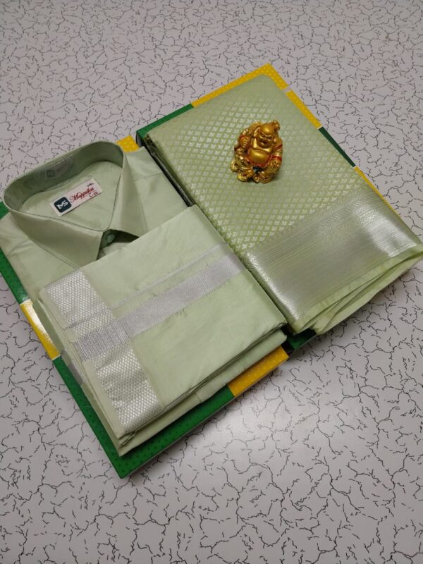 Premium Silk Couple Combo Set (Shirt-Dhoti + Bridal semi silk sarees)