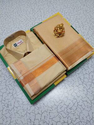 Premium silk Couple combo set (Shirt-Dhoti + Bridal semi silk sarees)