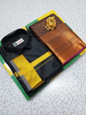 Premium Silk Couple Combo Set (Shirt-Dhoti + Bridal semi silk sarees)