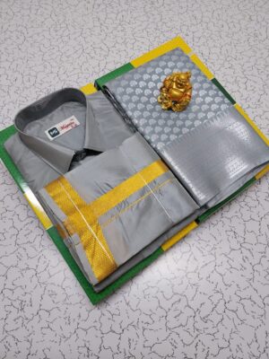 Premium Silk Couple Combo Set (Shirt-Dhoti + Bridal semi silk sarees)