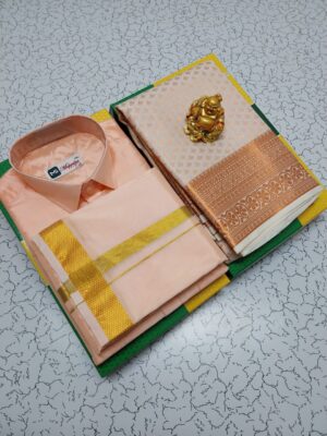 Premium Silk Couple Combo Set (Shirt-Dhoti + Bridal semi silk sarees)