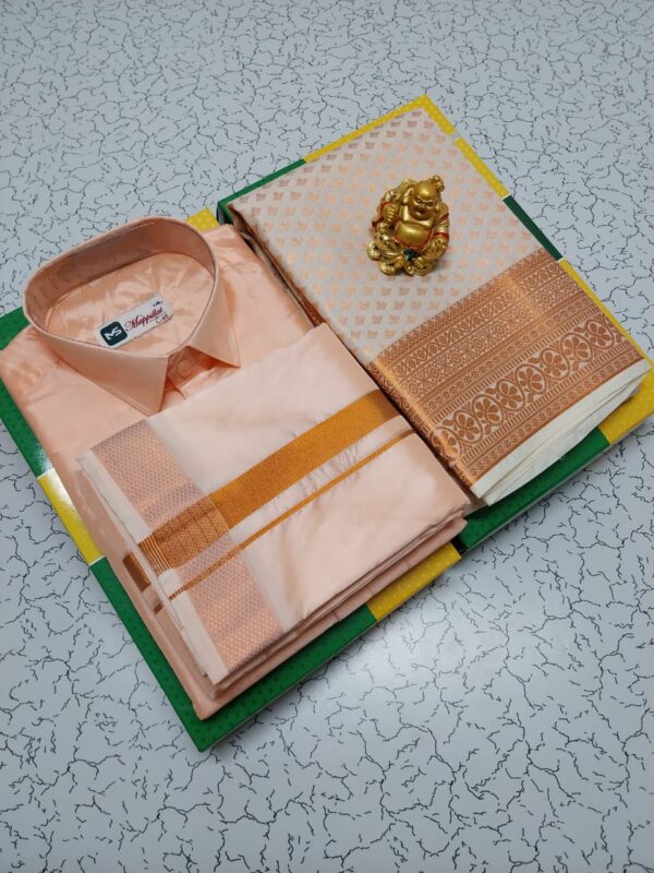 Premium Silk Couple Combo Set (Shirt-Dhoti + Bridal semi silk sarees)