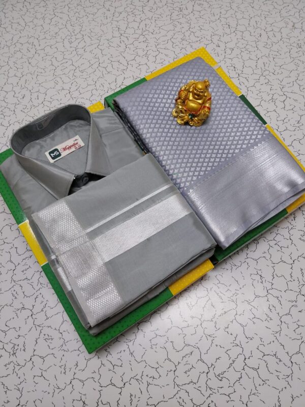 Premium Silk Couple Combo Set (Shirt-Dhoti + Bridal semi silk sarees)