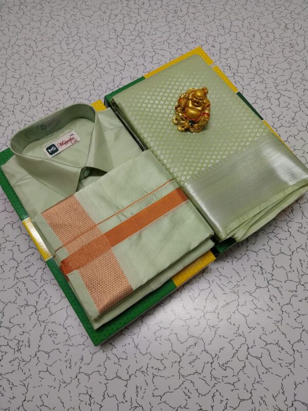 Premium Silk Couple Combo Set (Shirt-Dhoti + Bridal semi silk sarees)